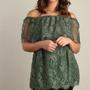 FORGOTTEN GRACE Off Shoulder Lace Top Olive Large